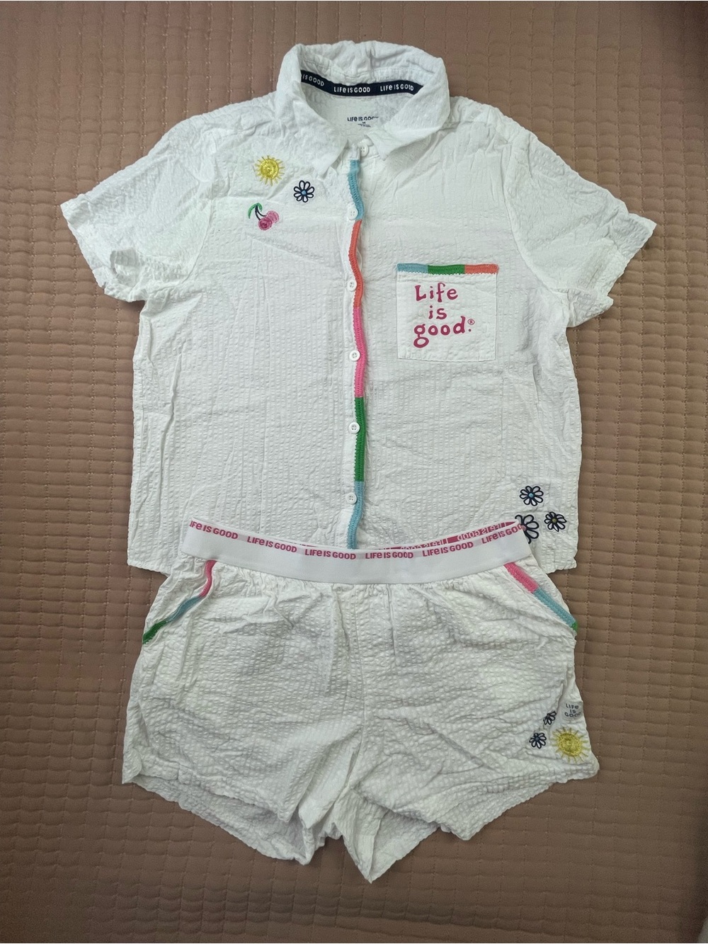 Life Is Good White Shorts Pajama Set with Color Trim Medium